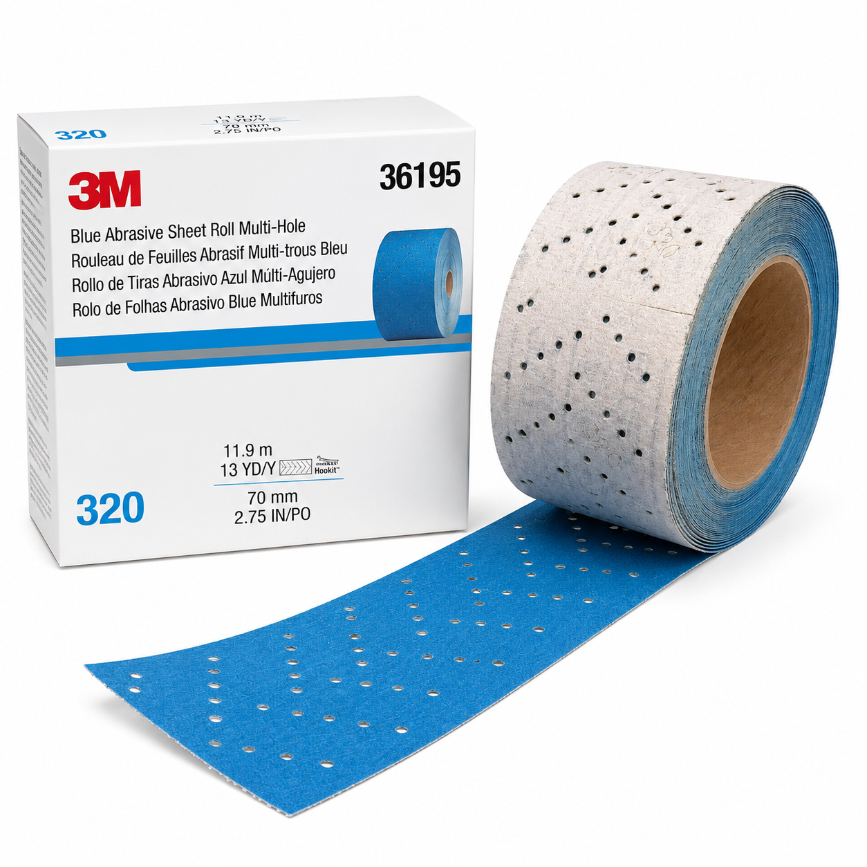 3M Blue Abrasive Sheet Roll Multi-Hole Hookit 320 Grit – 2.75" x 13 Yards (36195)