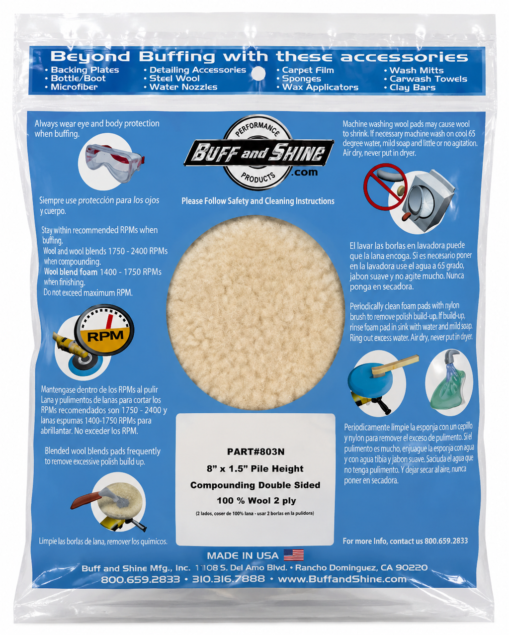 Buff and Shine 803N Double Sided 100% Wool Compounding Pad 8"