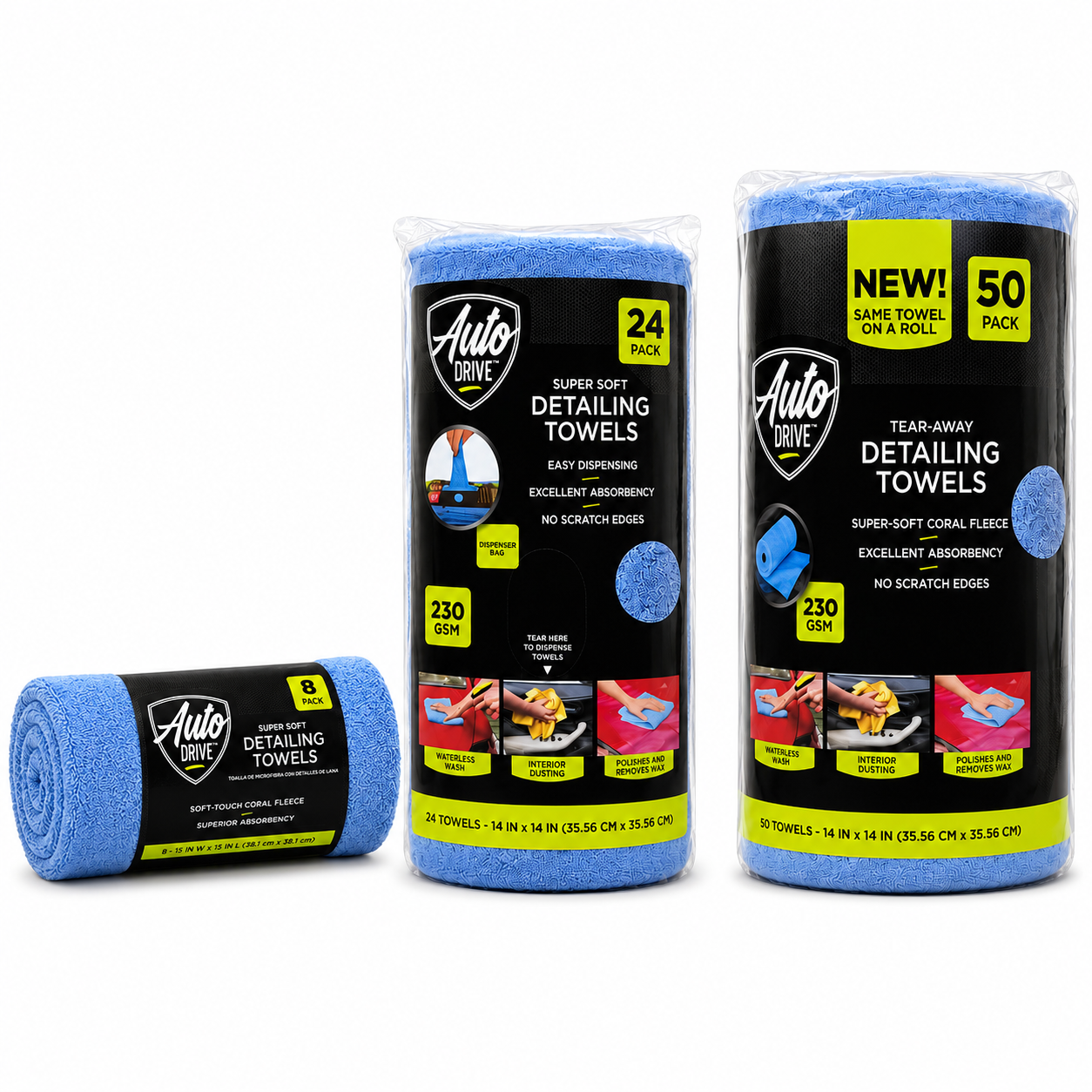 Auto Drive Super Soft Detailing Towels – 8 Pack, 24 Pack & 50 Pack